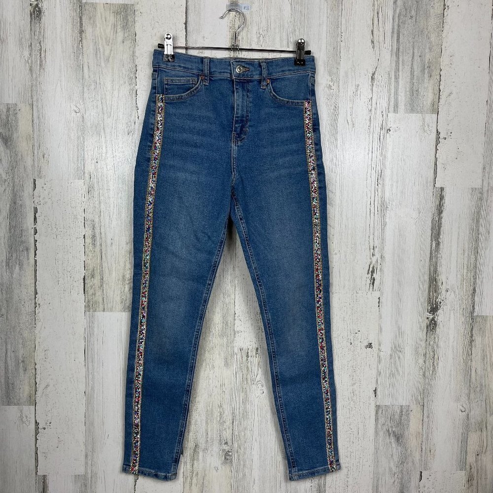 Topshop Moto Jamie denim jeans beaded tuxedo stripe size‎ 28
